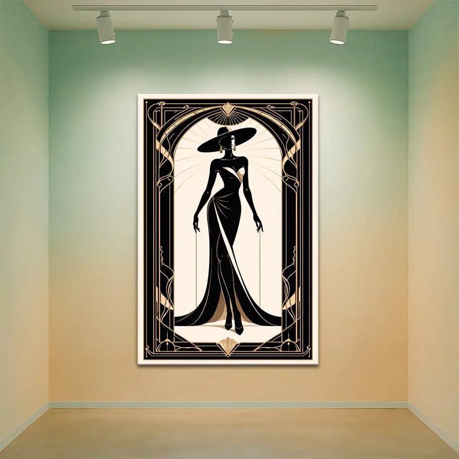 Zarif Kadın Figürü Art Deco Poster | Lüks Siyah & Altın Duvar Sanatı