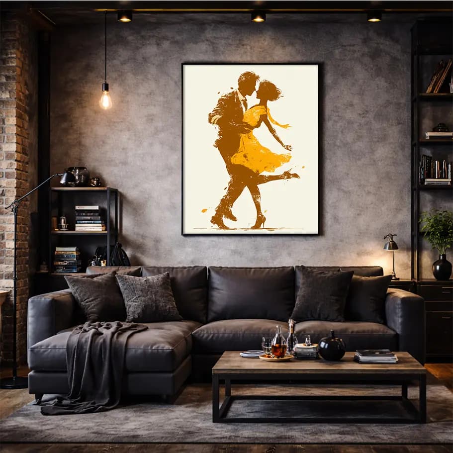 Swing Dansı Çift Silüeti Poster | Minimal Sarı Elbiseli