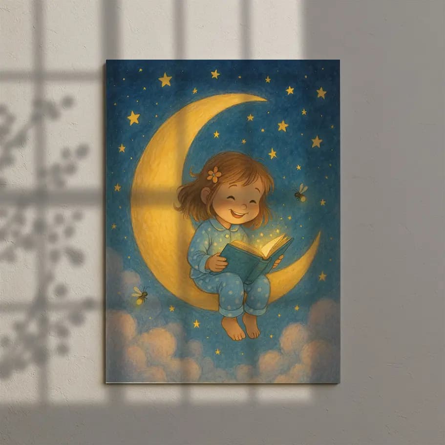 Ayda Kitap Okuyan Kız Çocuk İllüstrasyonu