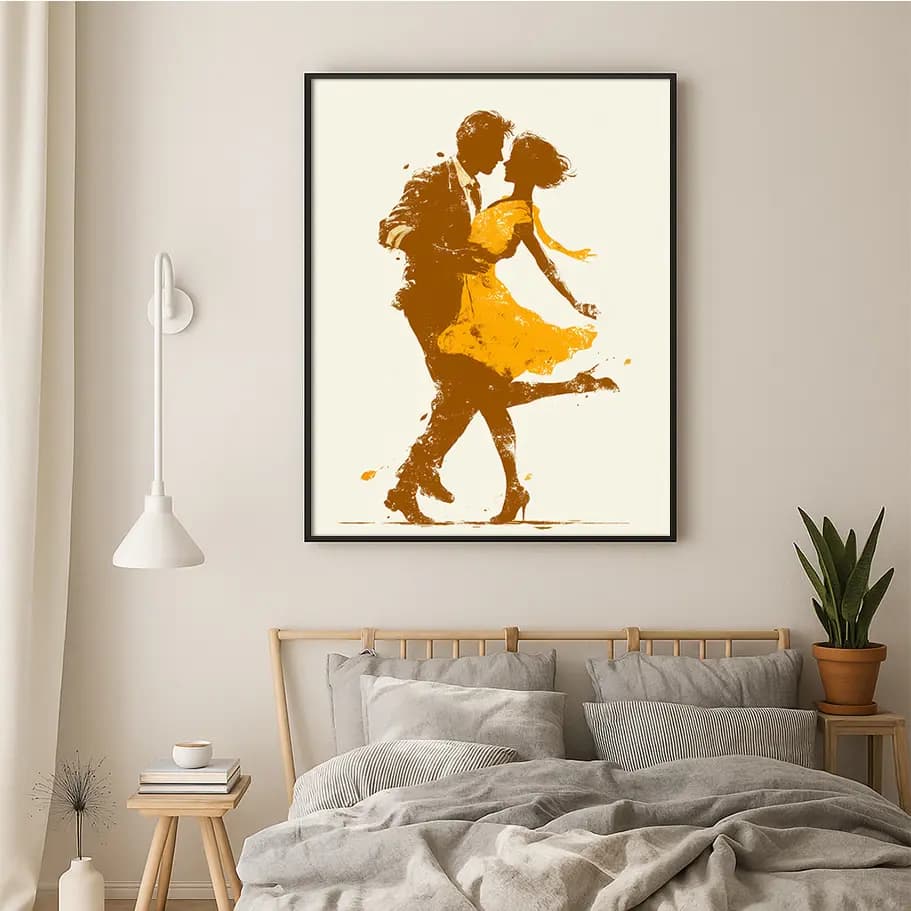 Swing Dansı Çift Silüeti Poster | Minimal Sarı Elbiseli
