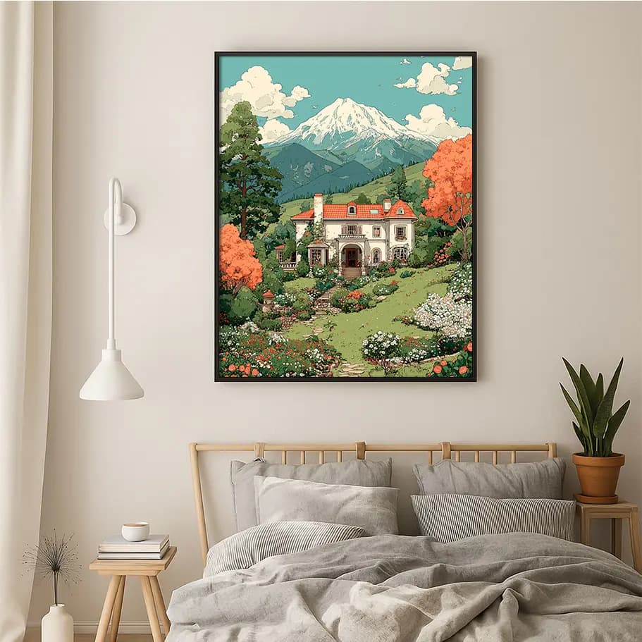 Dağ Manzaralı Villa ve Bahçe İllüstrasyon Posteri | Vintage Doğa Sanatı