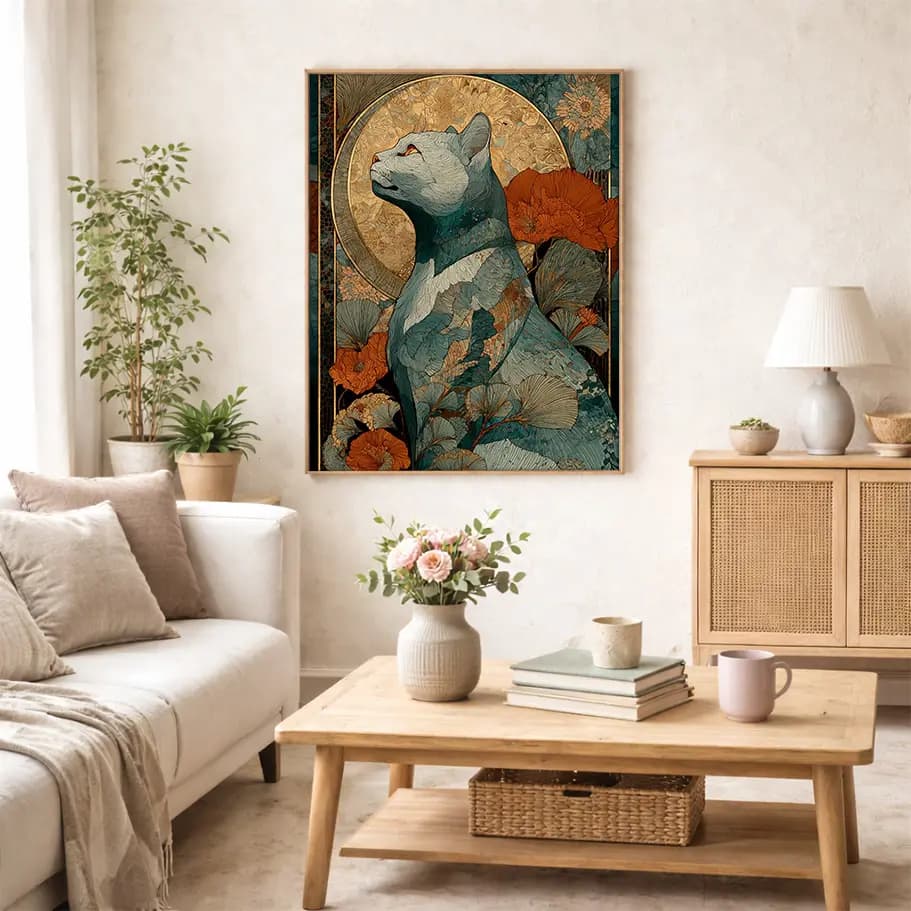 Art Nouveau Kedi Posteri | Çiçekli Vintage Duvar Dekoru