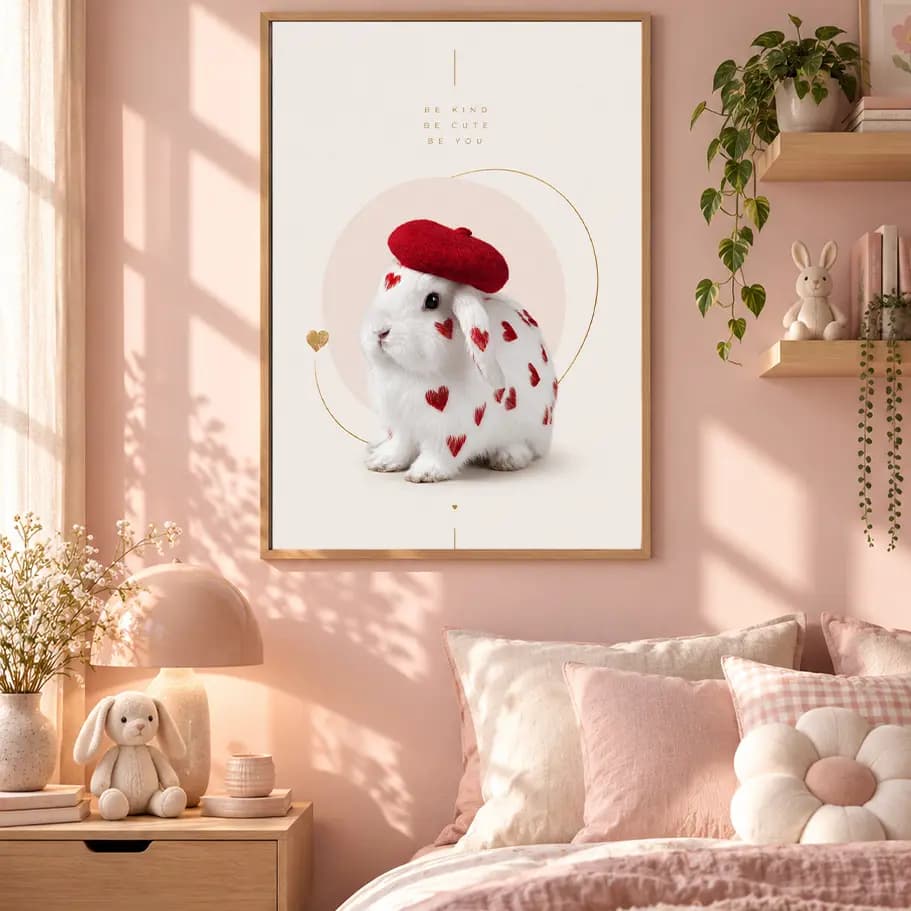 Kalpli Beyaz Tavşan Minimal Sevimli Poster