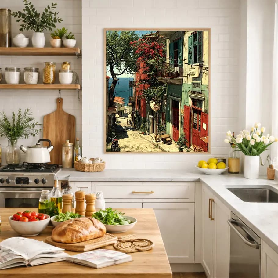 Renkli Sahil Sokağı Poster | Begonvilli Taş Sokak, Deniz Manzaralı Duvar Dekoru