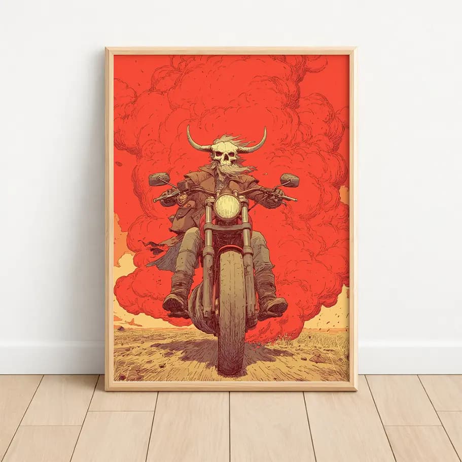 Boynuzlu Kuru Kafa Motorcu İllüstrasyonu Poster