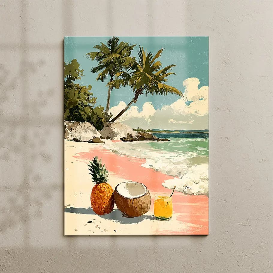 Hindistan Cevizi ve Kokteyl İllüstrasyonu - Retro Duvar Sanatı