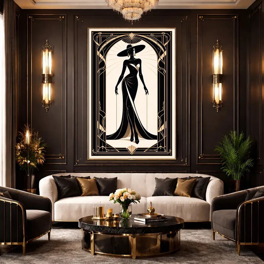 Zarif Kadın Figürü Art Deco Poster | Lüks Siyah & Altın Duvar Sanatı