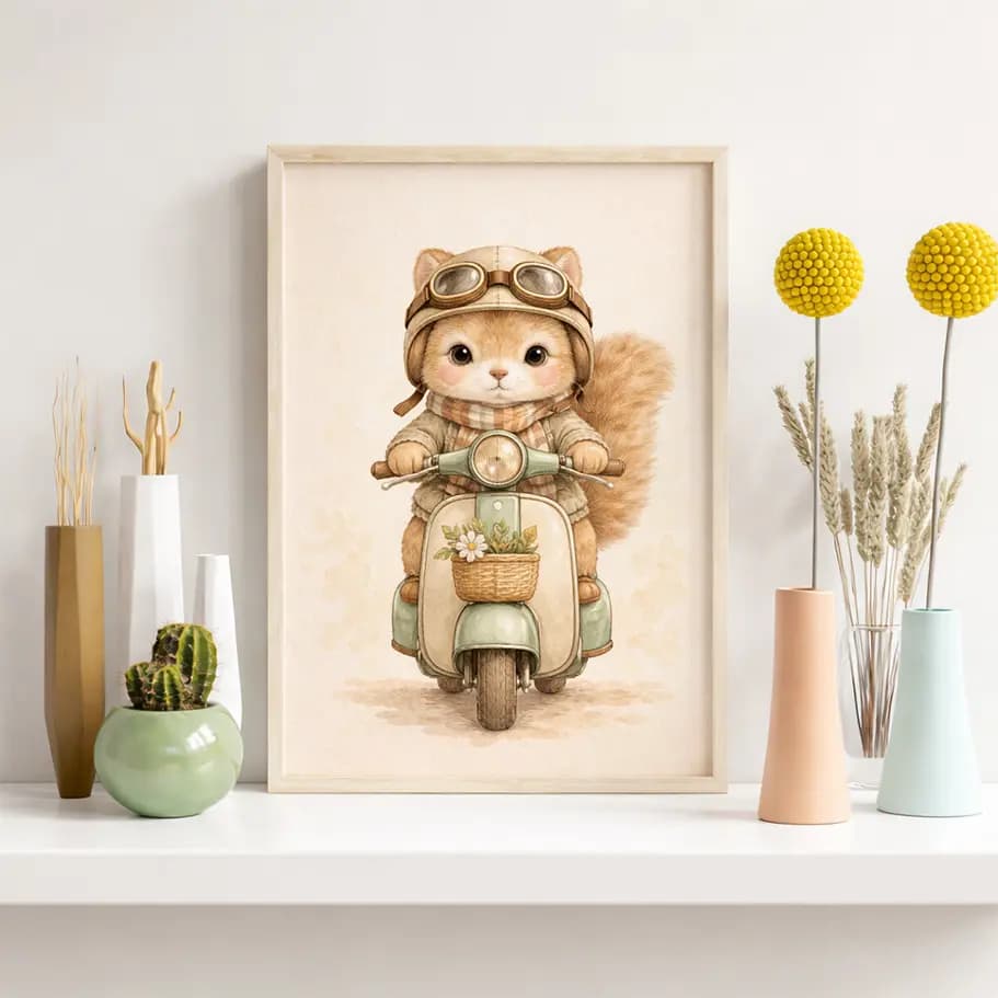 Vintage Scooterlı Sevimli Kedi Poster