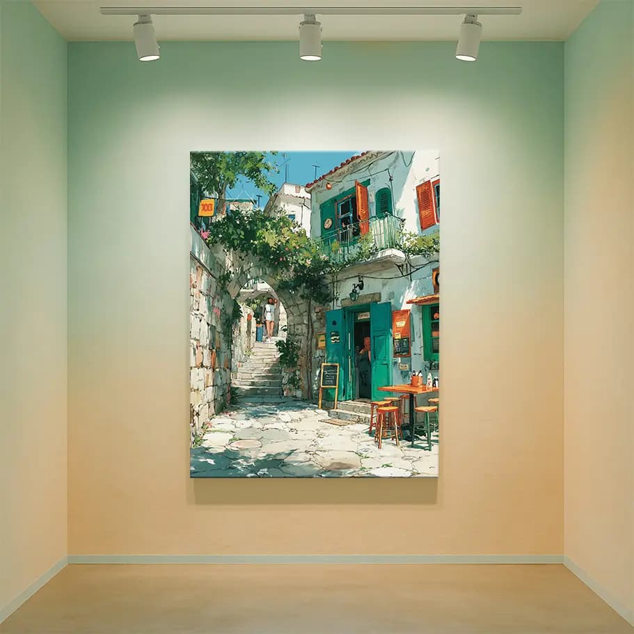 Akdeniz Sokak Kafesi Posteri | Yaz Işığı, Taş Kemer ve Turkuaz Kapılar