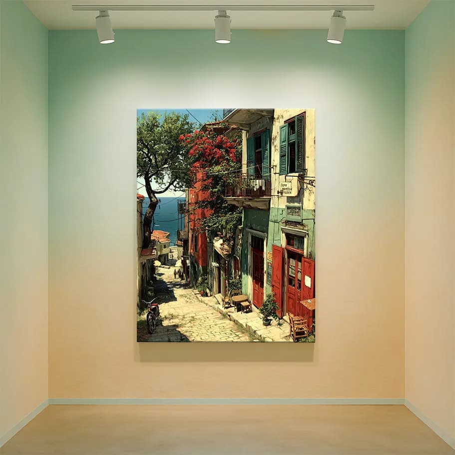 Renkli Sahil Sokağı Poster | Begonvilli Taş Sokak, Deniz Manzaralı Duvar Dekoru