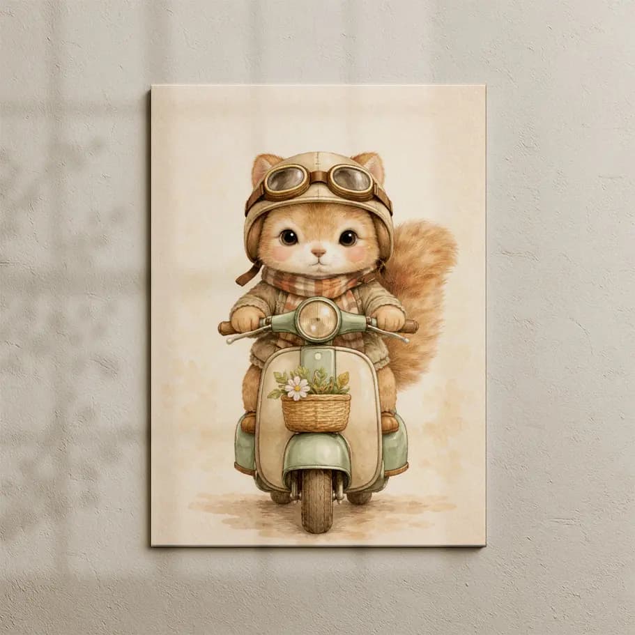 Vintage Scooterlı Sevimli Kedi Poster