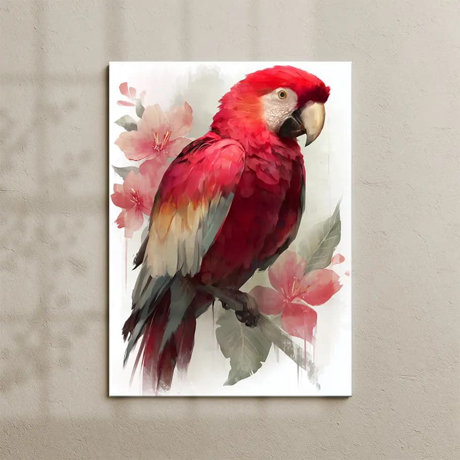 Tropikal Kırmızı Ara Papağan Tablo | Çiçekli Suluboya Poster
