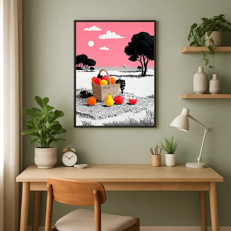 Renkli Meyve Dolu Hasır Piknik Sepeti