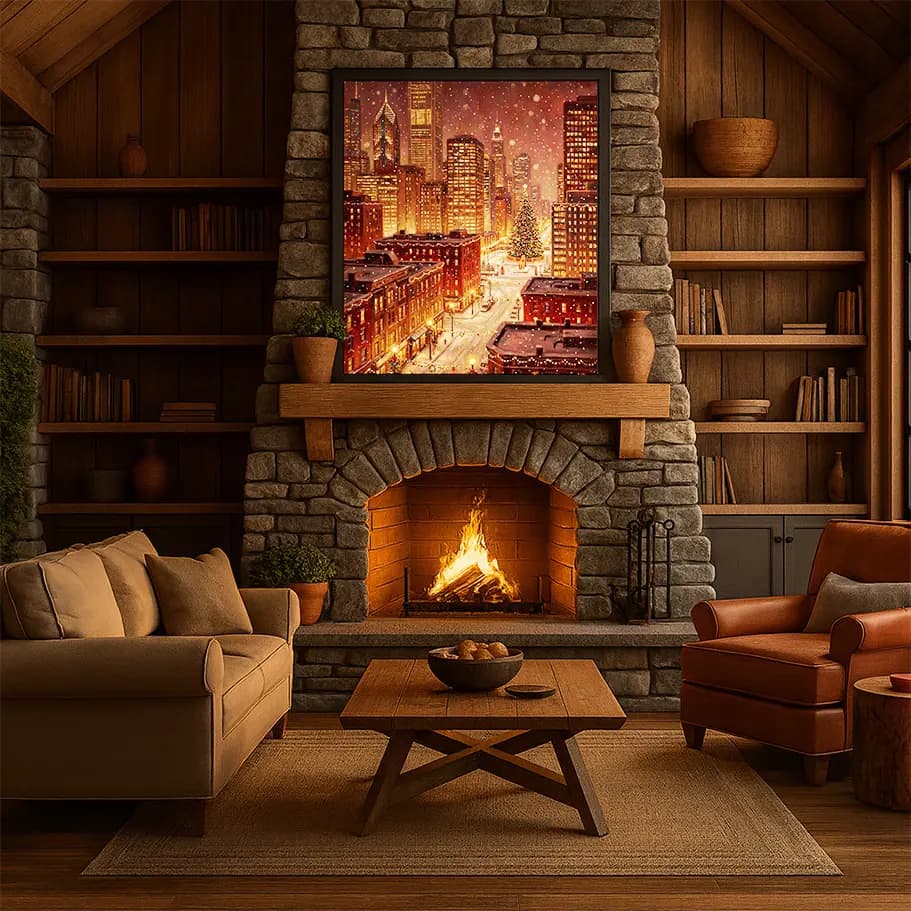 Karlı Yılbaşı Şehir Manzarası Poster – Işıklı Noel Ağacı