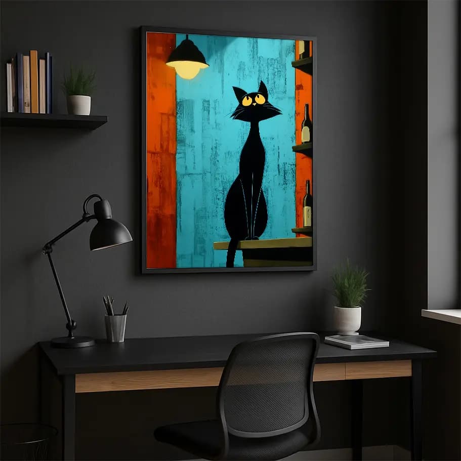 Bar Kedisi Siyah Kedi Posteri | Retro Kafe Duvar Dekoru