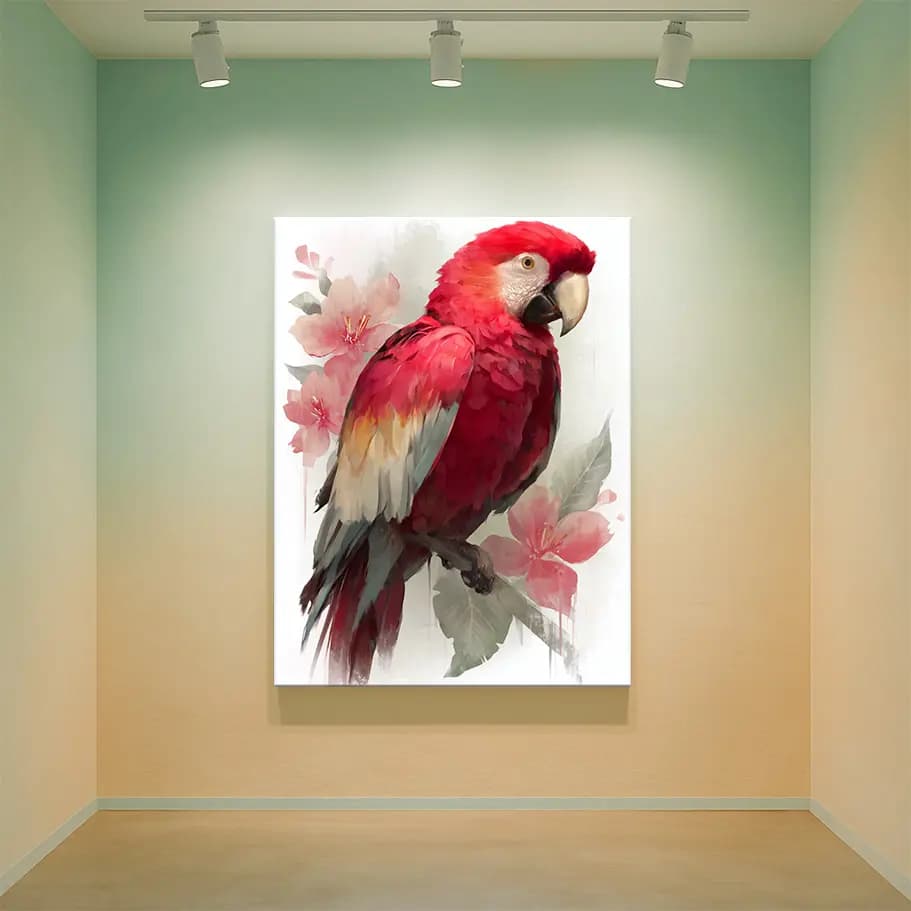 Tropikal Kırmızı Ara Papağan Tablo | Çiçekli Suluboya Poster