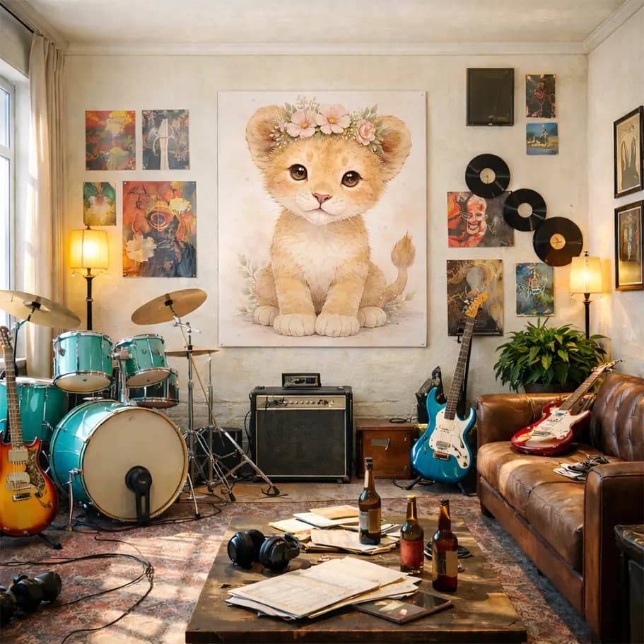 Çiçek Taçlı Yavru Aslan Poster