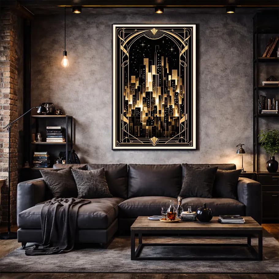 Art Deco Gece Metropolü Poster | Altın Siyah Şehir Duvar Tablosu