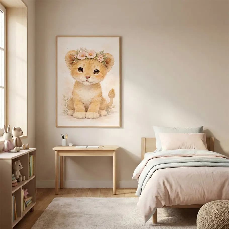 Çiçek Taçlı Yavru Aslan Poster