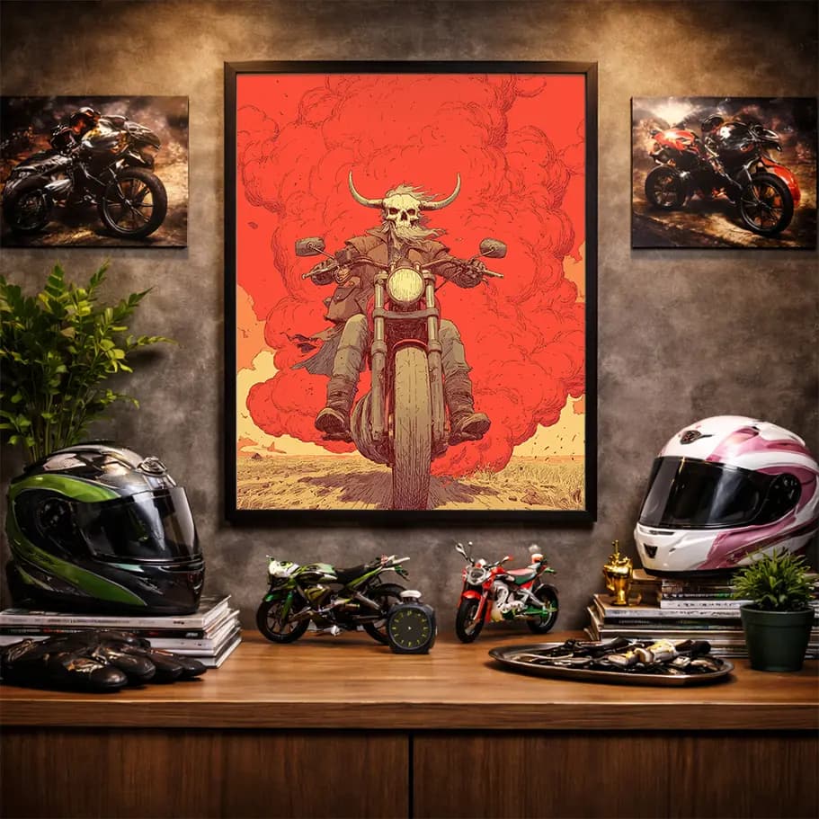 Boynuzlu Kuru Kafa Motorcu İllüstrasyonu Poster