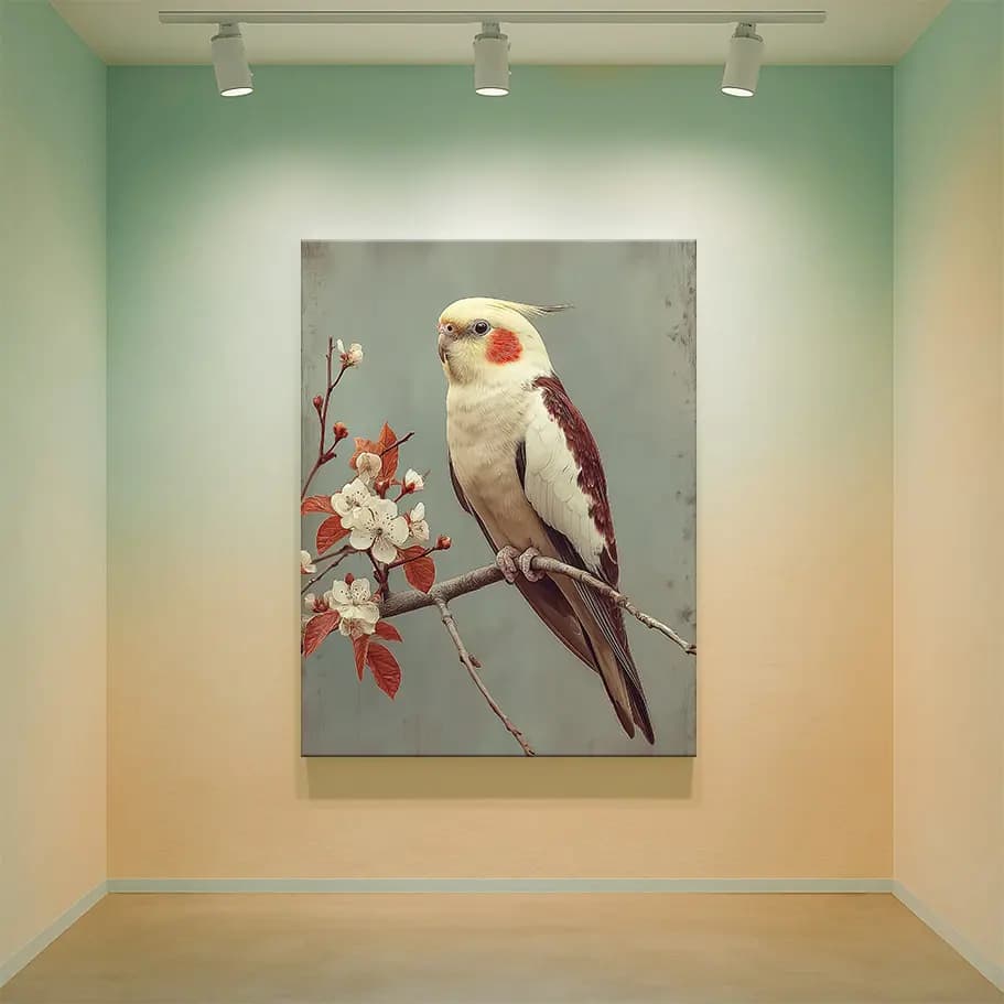 Sultan Papağanı Çiçek Dalında Poster | Vintage Kuş İllüstrasyonu