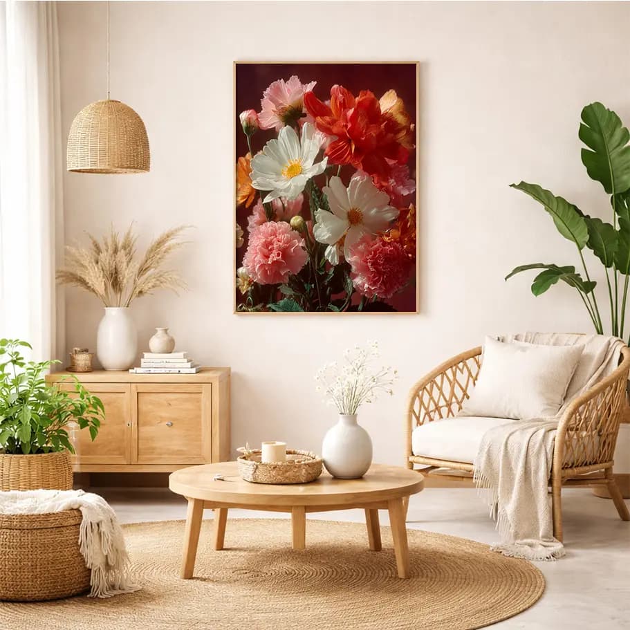 Karanfil & Papatya Çiçek Posteri | Koyu Arka Plan Natürmort Duvar Tablosu