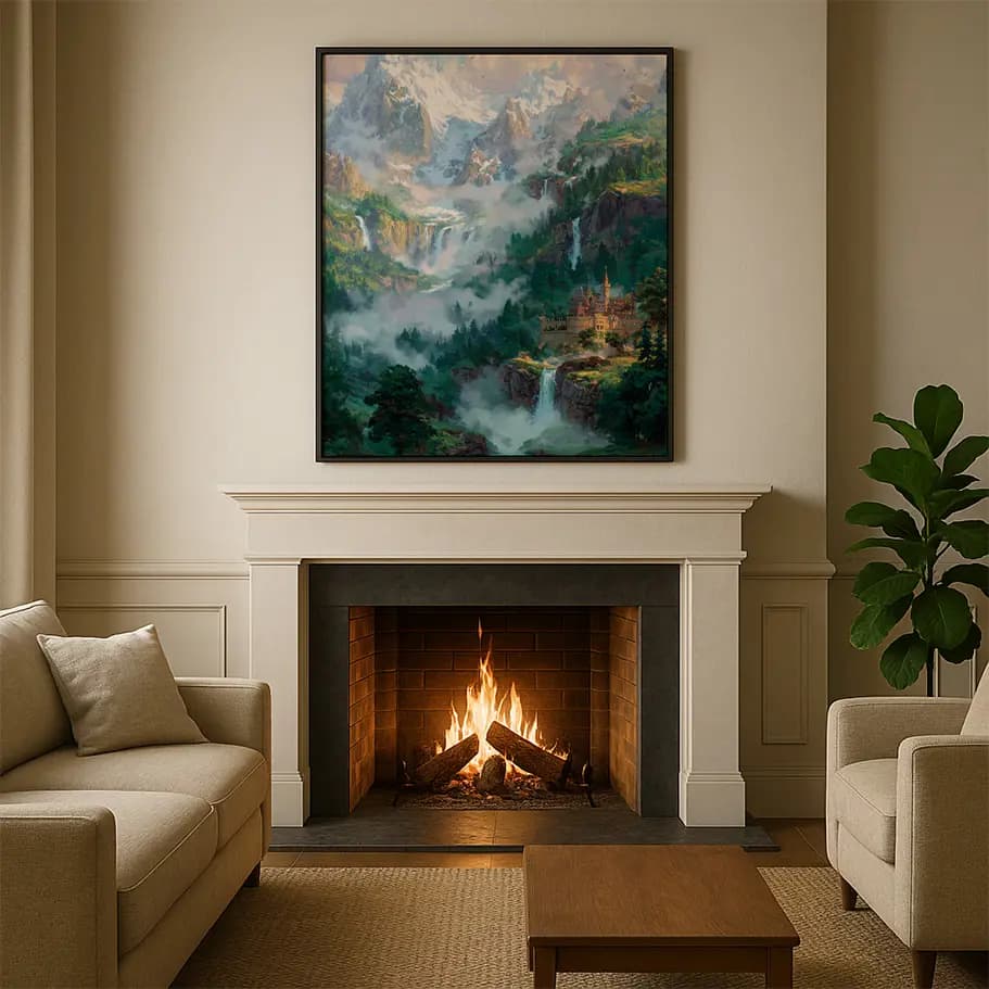 Şelaleli Dağlar ve Şato Manzarası Posteri