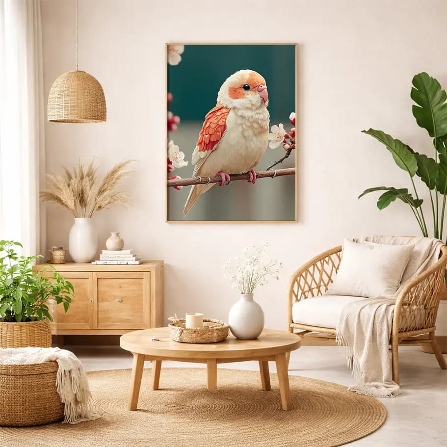 Çiçekler Arasında Sevimli Muhabbet Kuşu Posteri | Minimal Doğa