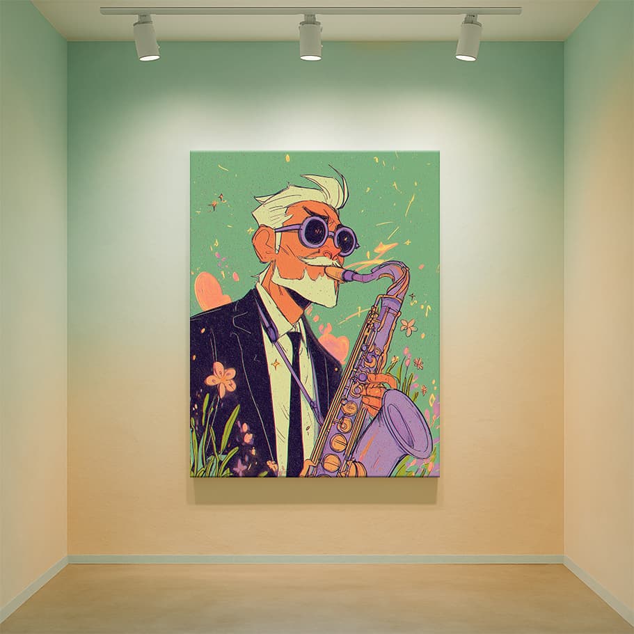 Retro Jazz Saksafon Poster – Pastel Renkli Müzik Temalı Duvar Tablosu