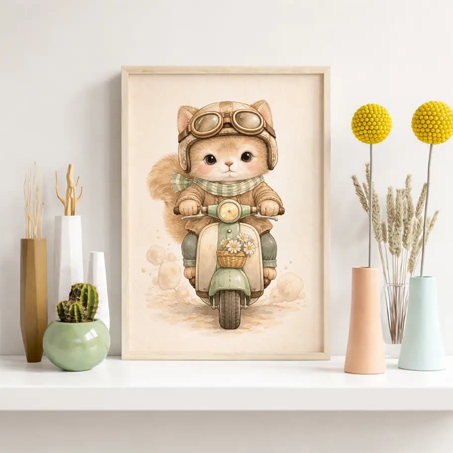 Sevimli Scooterlı Kedicik Poster 
