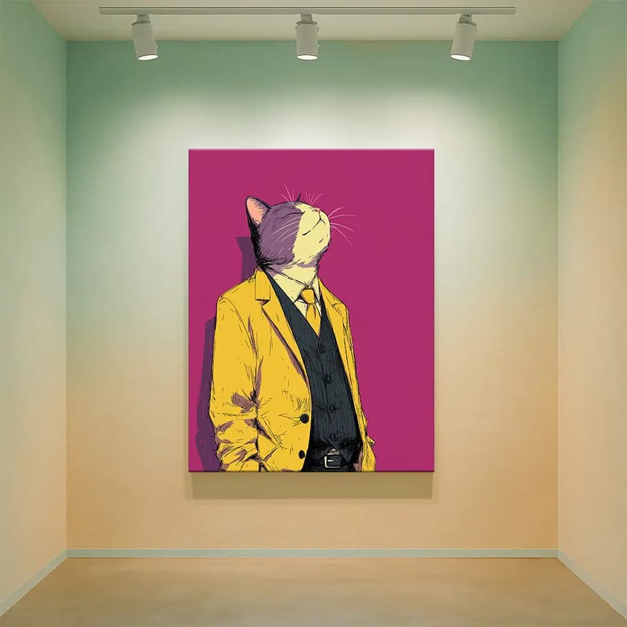 Takım Elbiseli Kedi İllüstrasyon Poster | Sarı Ceket