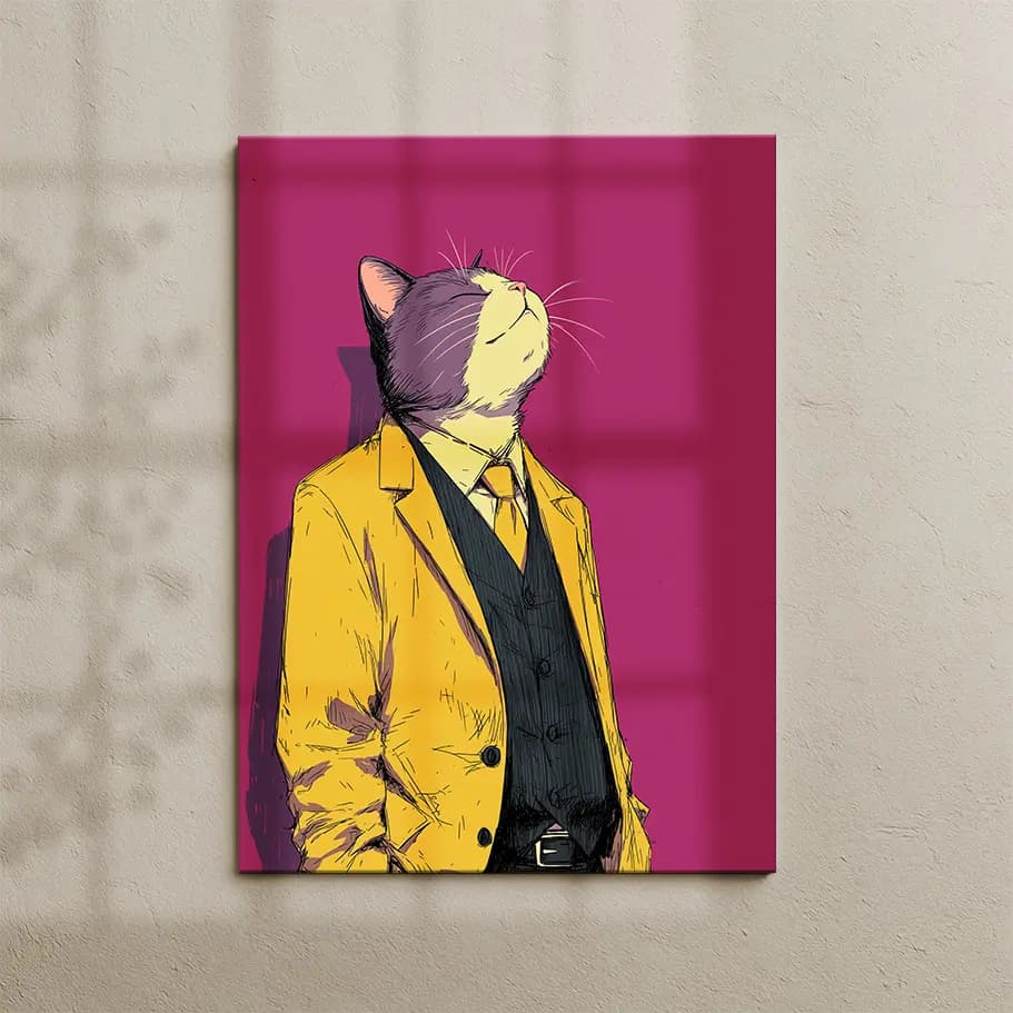 Takım Elbiseli Kedi İllüstrasyon Poster | Sarı Ceket