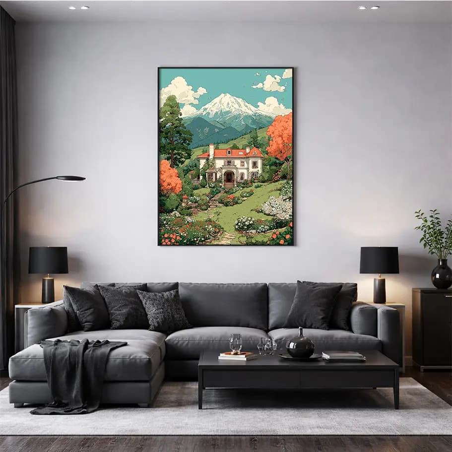 Dağ Manzaralı Villa ve Bahçe İllüstrasyon Posteri | Vintage Doğa Sanatı