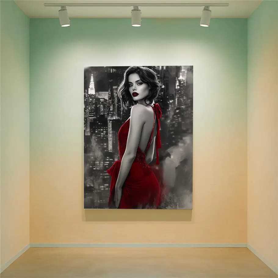 Kırmızı Elbiseli Kadın Kanvas Tablo Noir Siyah Beyaz Şehir Poster