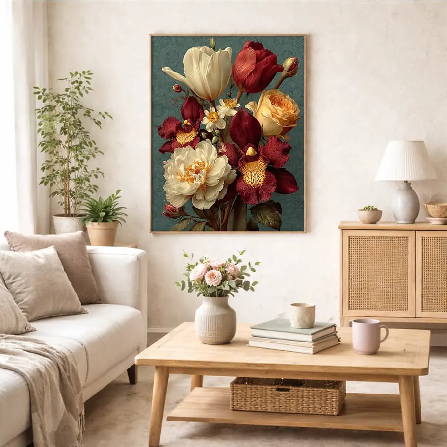 Vintage Çiçek Buketi Poster | Lale, Şakayık ve Orkide Tablo