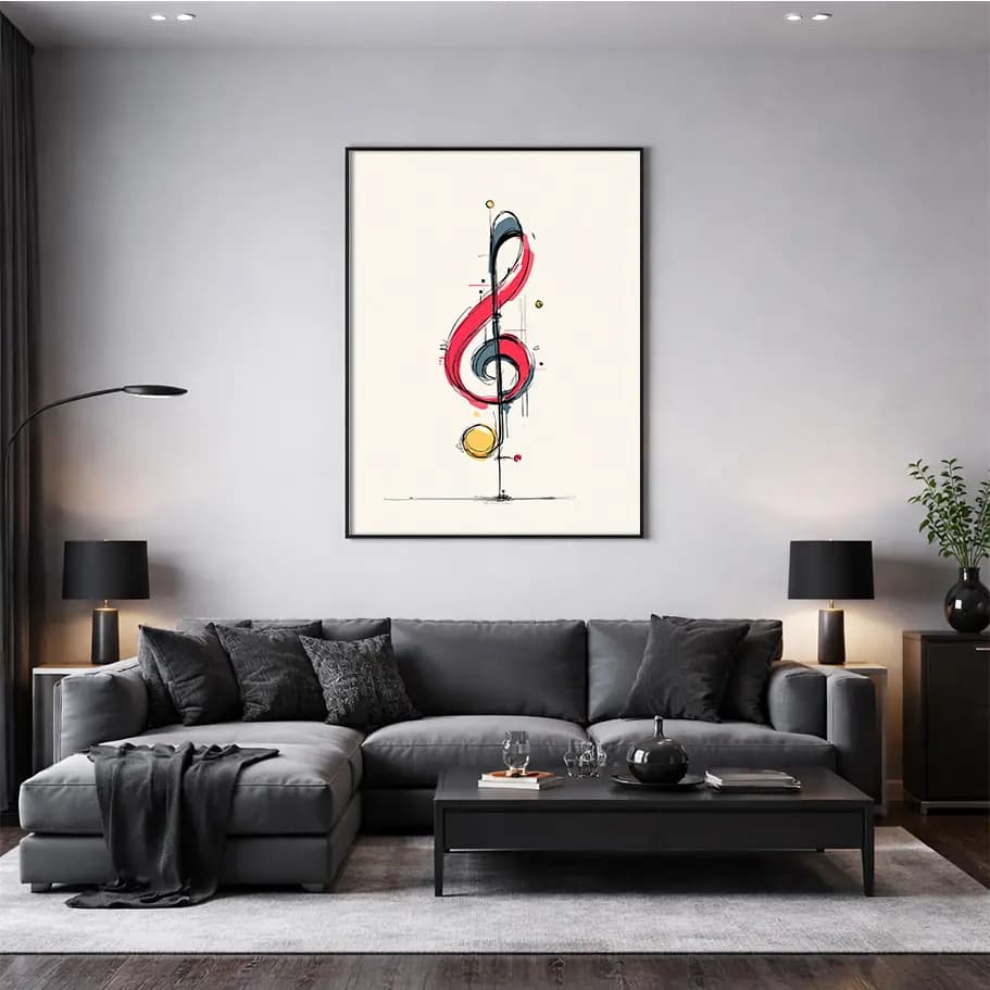 Soyut Sol Anahtarı Tablo | Kırmızı Vurgulu Minimal Müzik Posteri