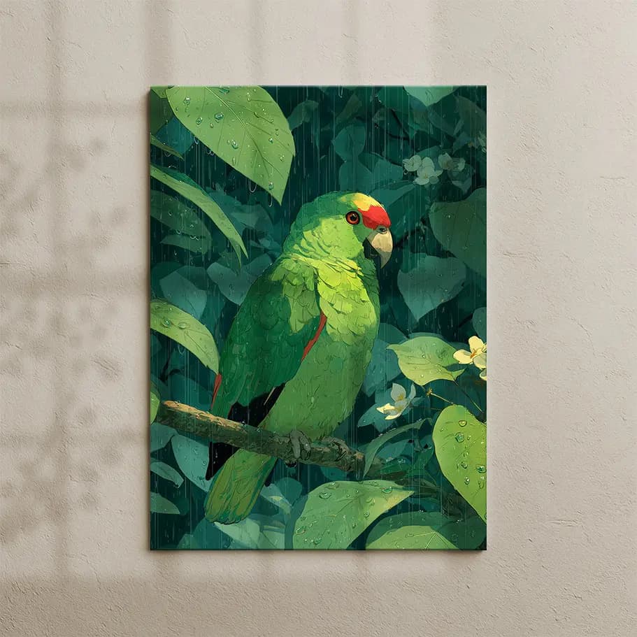 Tropik Yağmur ve Yeşil Papağan İllüstrasyon Posteri