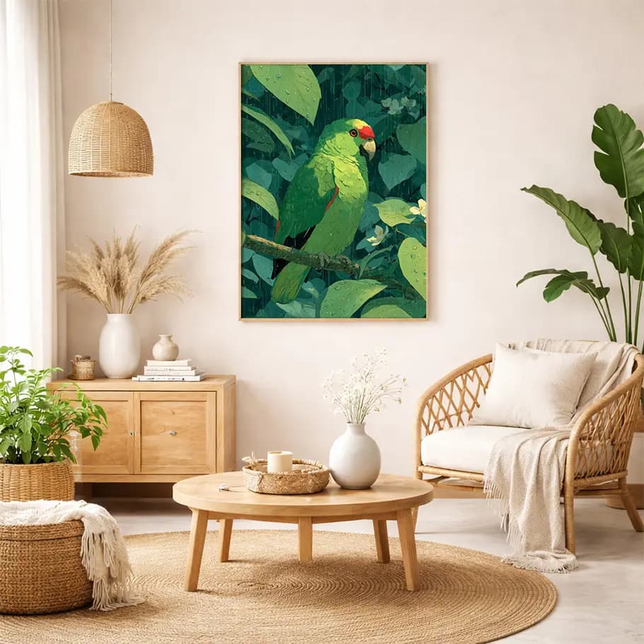 Tropik Yağmur ve Yeşil Papağan İllüstrasyon Posteri