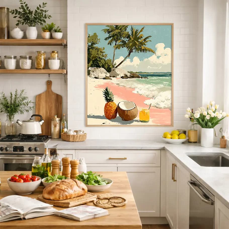 Hindistan Cevizi ve Kokteyl İllüstrasyonu - Retro Duvar Sanatı