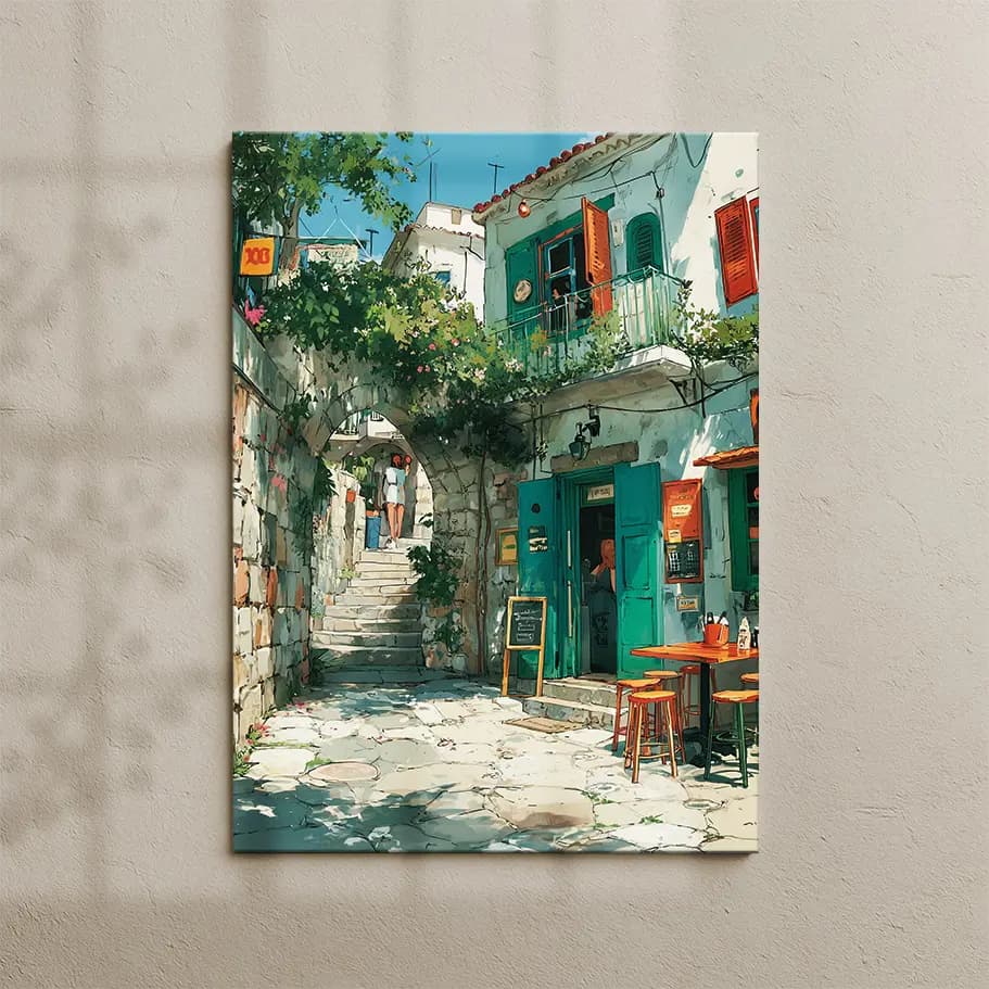 Akdeniz Sokak Kafesi Posteri | Yaz Işığı, Taş Kemer ve Turkuaz Kapılar