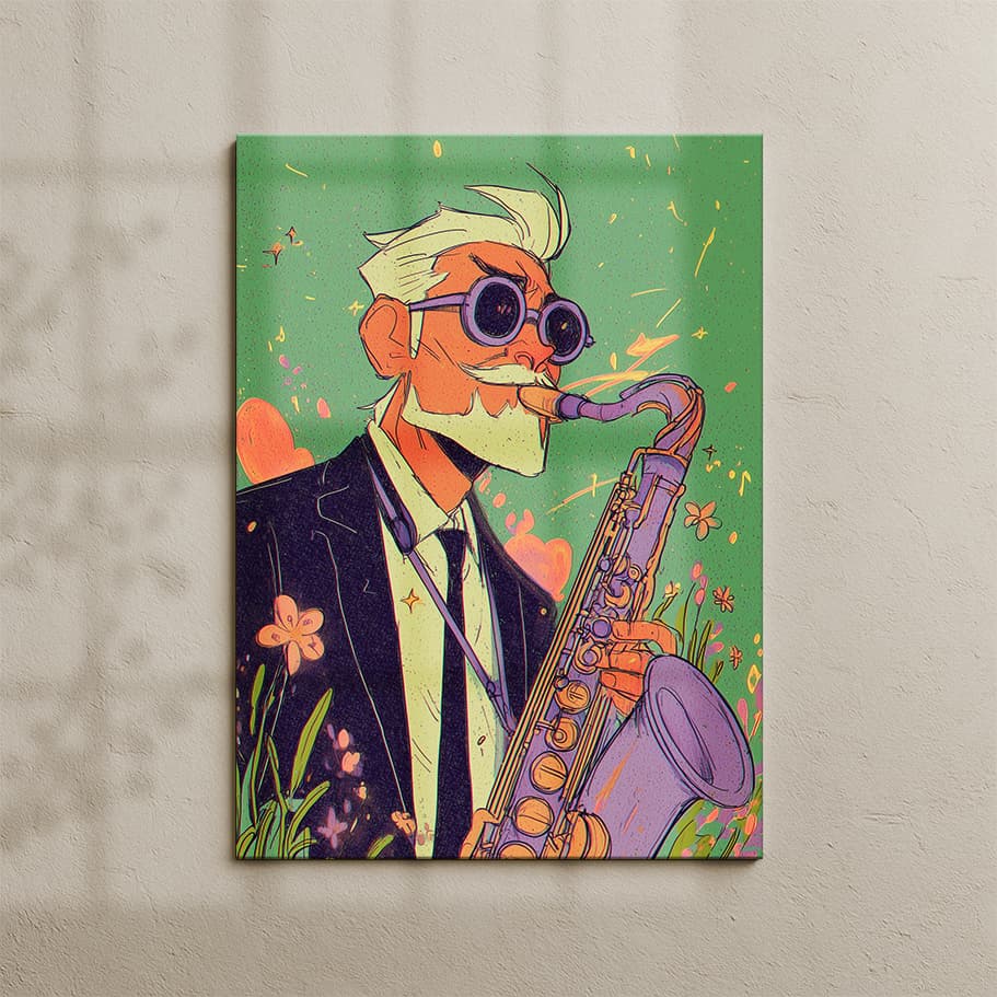 Retro Jazz Saksafon Poster – Pastel Renkli Müzik Temalı Duvar Tablosu