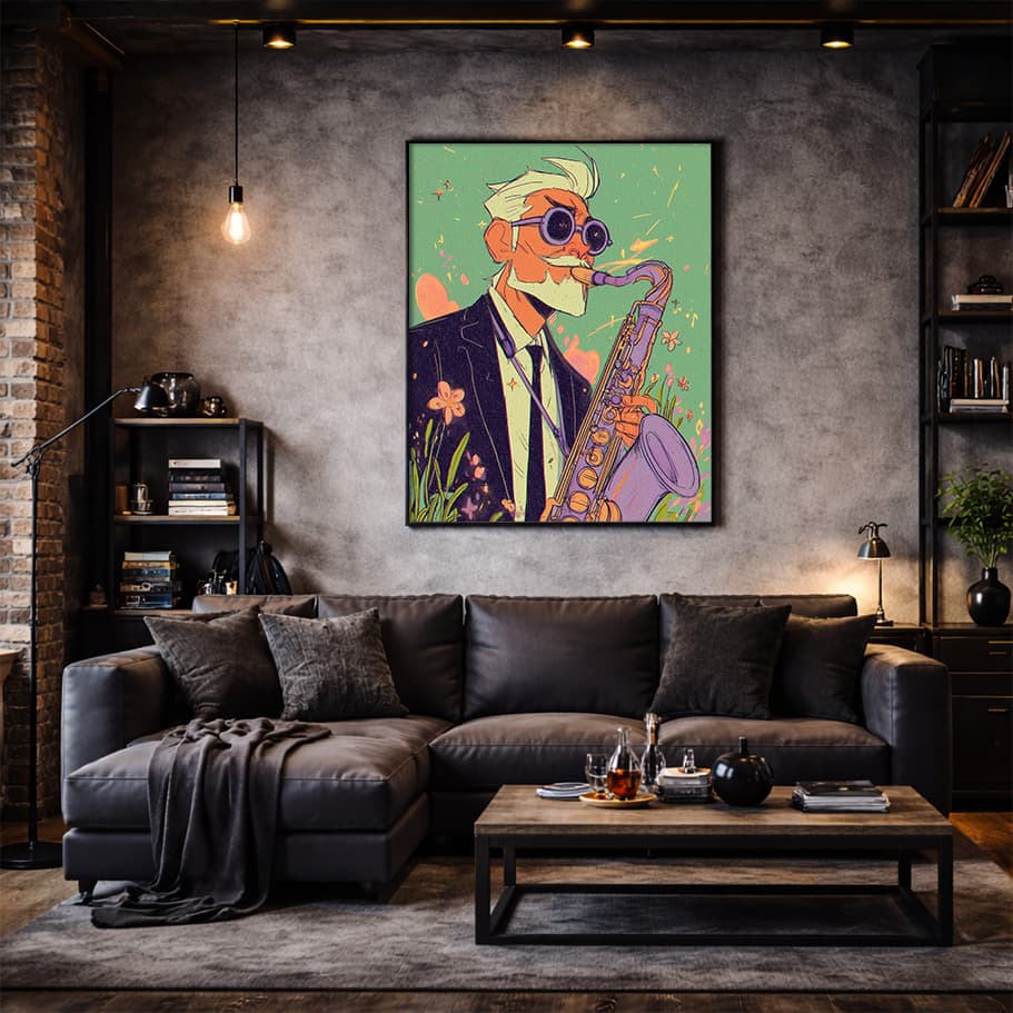 Retro Jazz Saksafon Poster – Pastel Renkli Müzik Temalı Duvar Tablosu