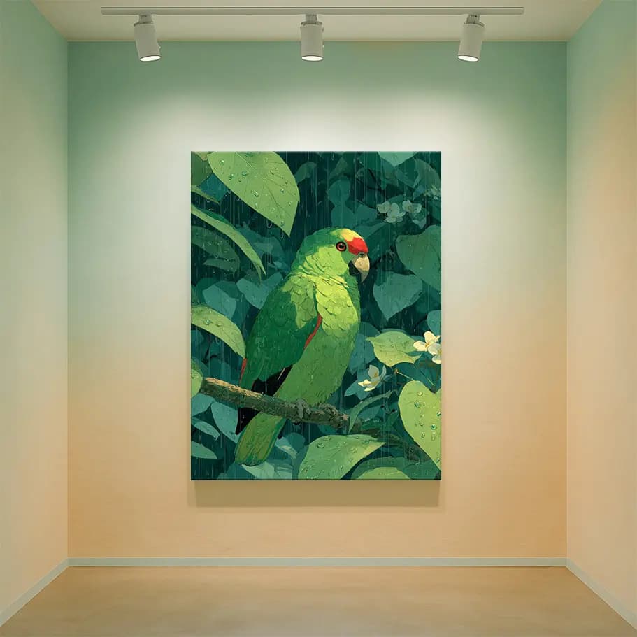 Tropik Yağmur ve Yeşil Papağan İllüstrasyon Posteri