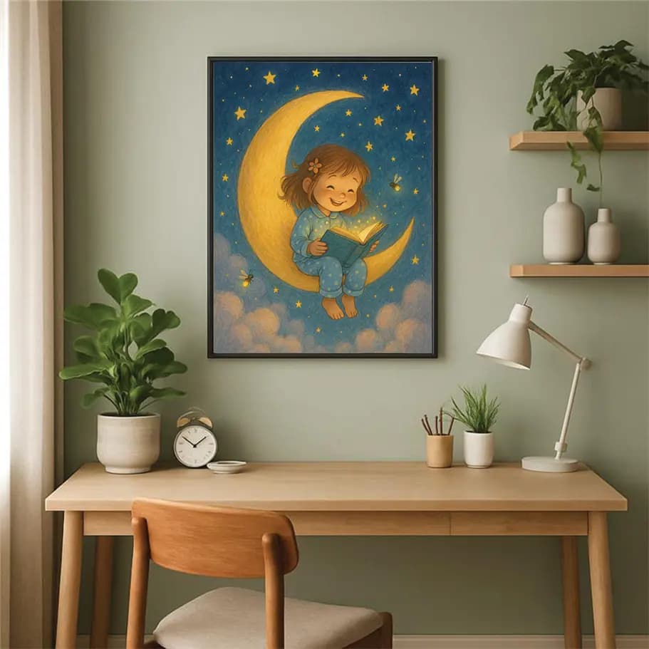 Ayda Kitap Okuyan Kız Çocuk İllüstrasyonu