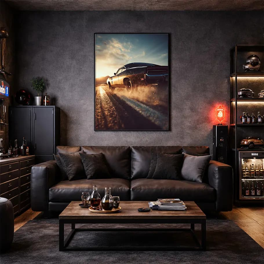 Klasik Muscle Car Çöl Yolu Poster | Gün Batımı
