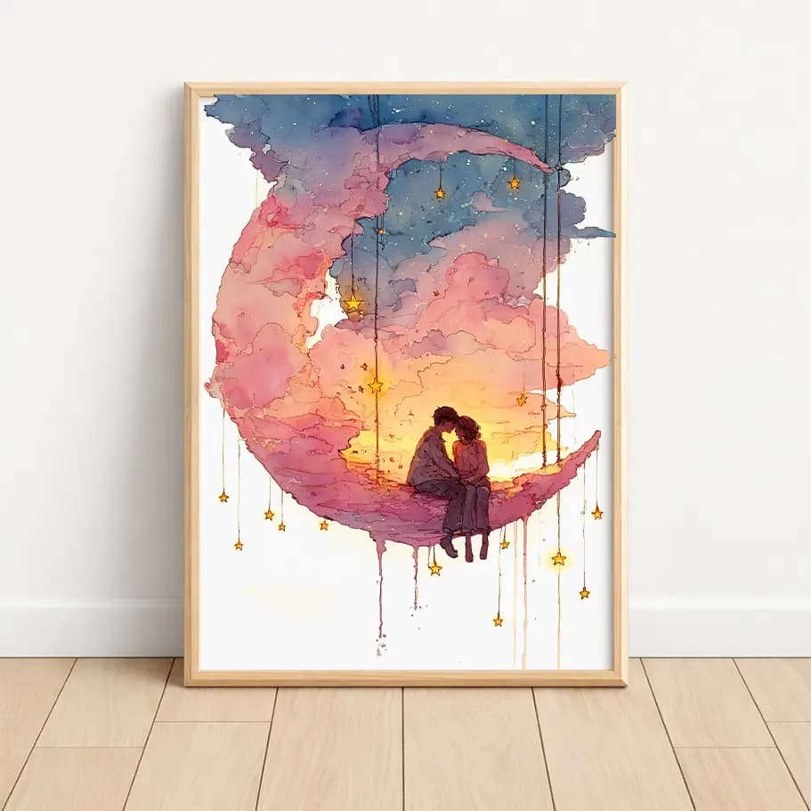 Romantik Ay ve Yıldızlar İllüstrasyonu