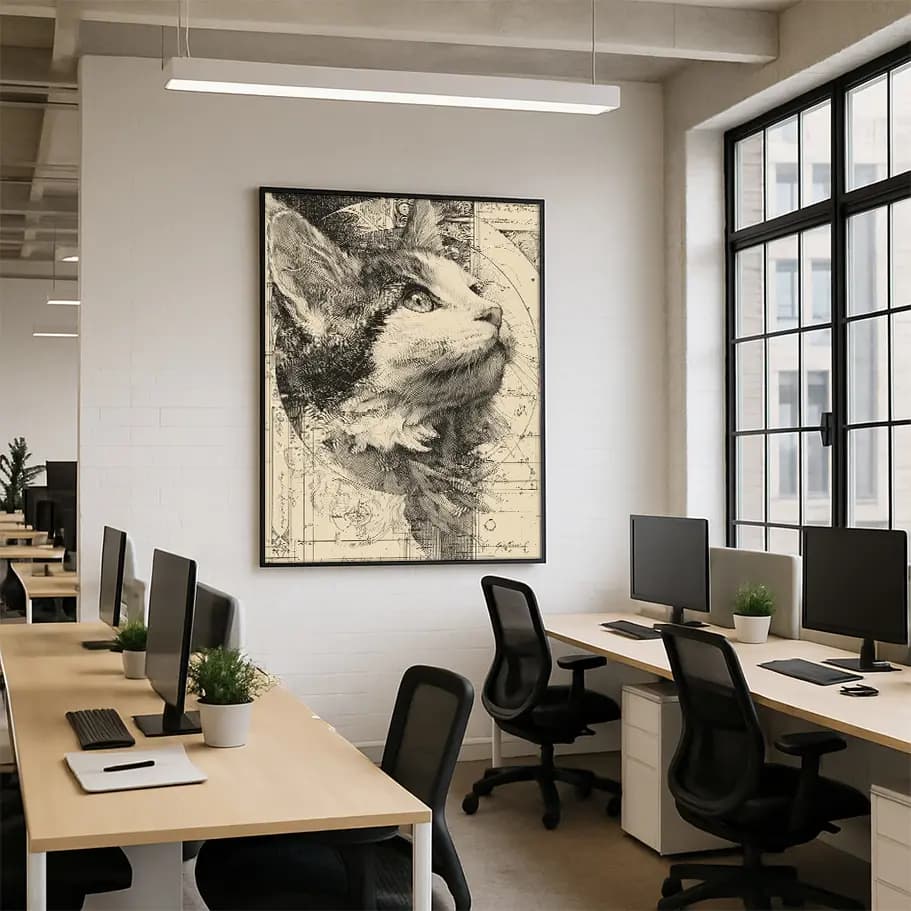 Mühendis Kedisi Çizim Posteri | Teknik Eskiz Duvar Tablosu