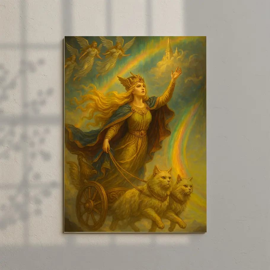 Mitolojik Tanrıça ve Kedili Savaş Arabası Posteri