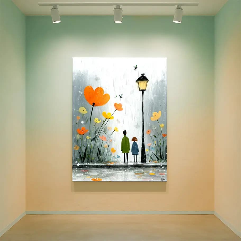 Masalsı Yağmur ve Turuncu Çiçekler – Sulu Boya Masalsı Duvar Tablosu