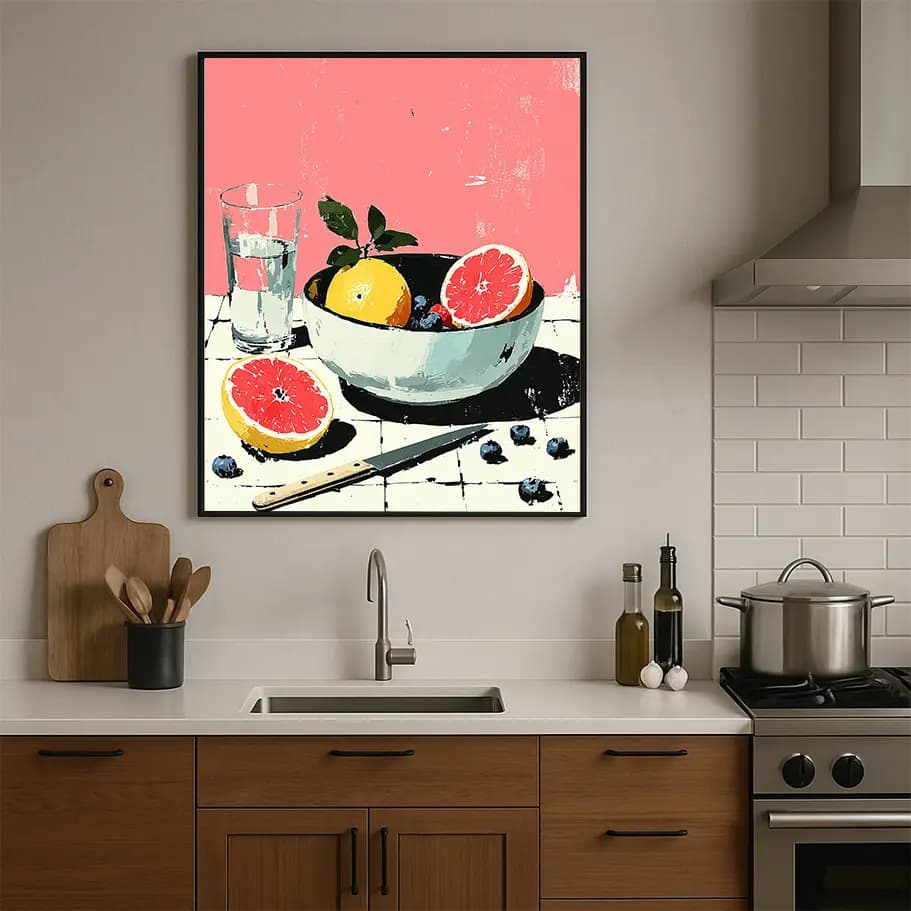 Pembe Arka Planda Meyve Kasesi ve Su Bardağı